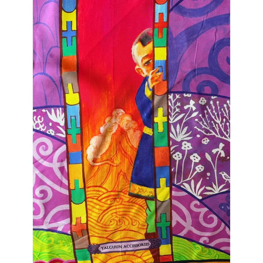 100% Silk Scarf Multicolor Art Print Rolled Hem Square Statement